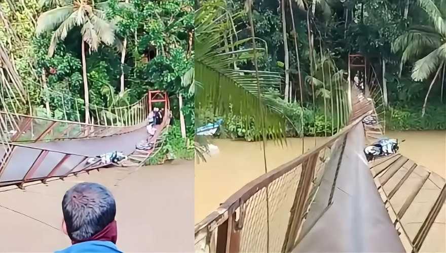 Jembatan Gantung Cibugel di Tegalbuleud Anjlok Sejumlah Warga Terjatuh ke Sungai Saat Melintas