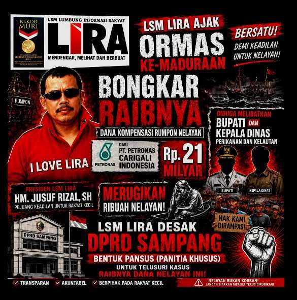 LSM LIRA Ajak Ormas Ke-Maduraan Bongkar Raibnya Dana Konpensasi Nelayan Rp.21 Milyar Diduga Libatkan Bupati Sampang
